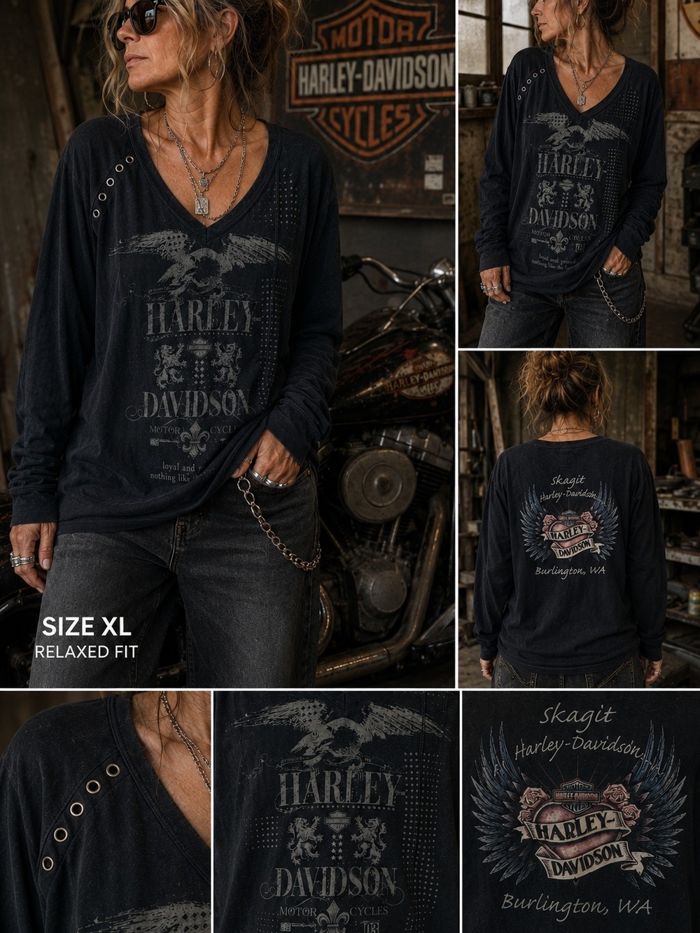 Harley-Davidson Black V-Neck Long Sleeve Tee with Eagle Graphic Size XL
